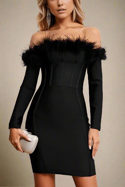 Stylish black dress | Erin Long Sleeve Off Shoulder Bandage Mini Dress - Classic Black - Ideal for special occasions