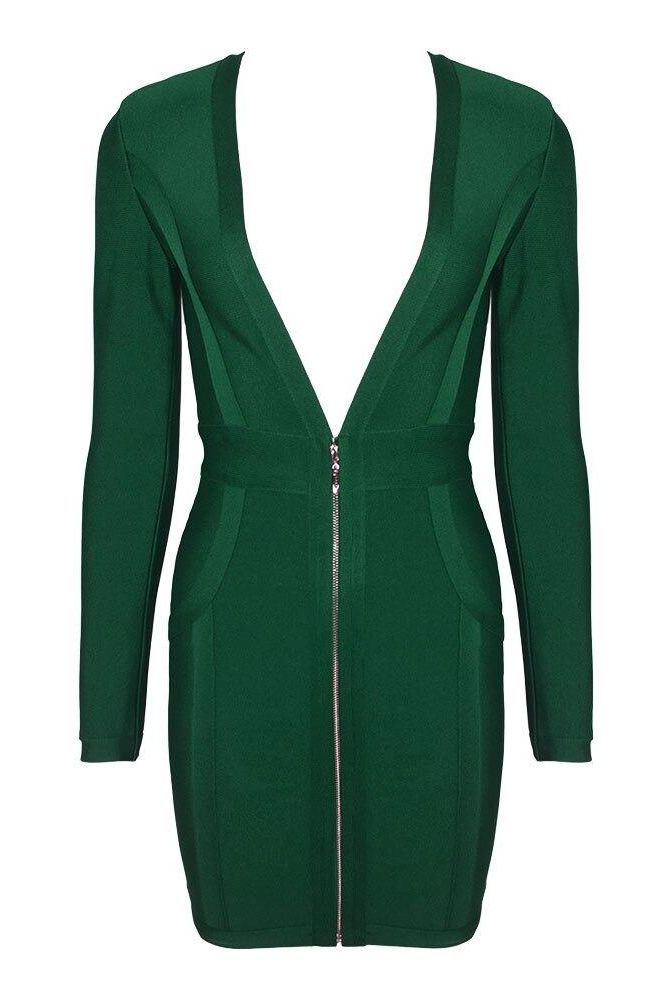 Eva Long Sleeve Bandage Mini Dress - Emerald Green - Stylish green dress for special occasions | Buy Online