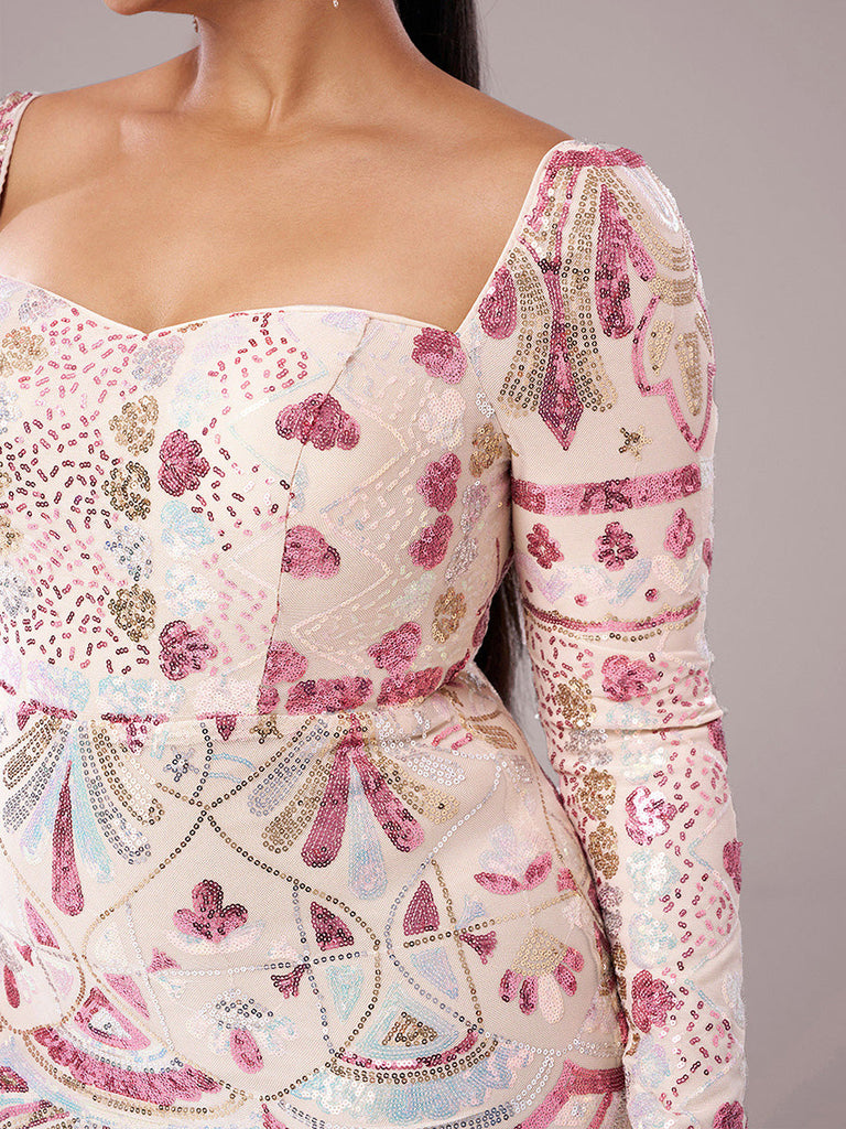 Square Neck Long Sleeve Split Sequin Dress - Stylish beautiful dress for special occasions | Buy Online