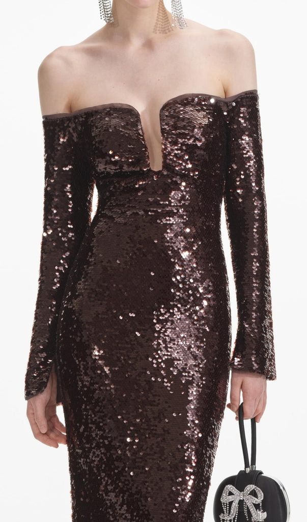 Stylish brown dress | long sleeve sequin maxi dress in brown - Ideal for special occasions