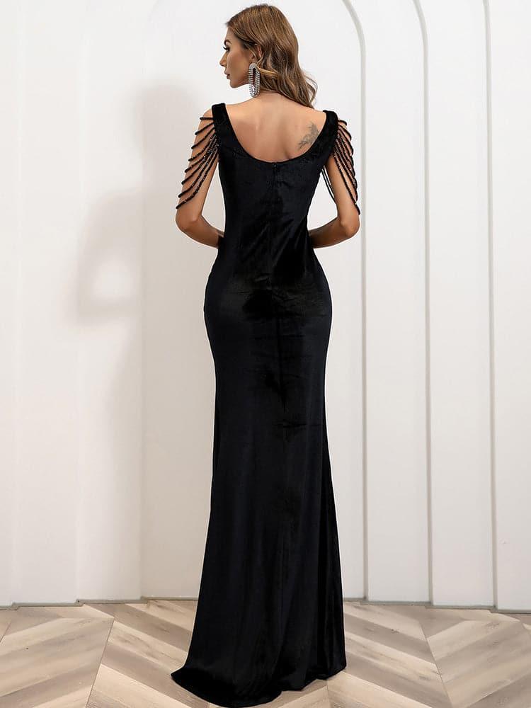 Shouder Chain Split Velvet Prom Dress