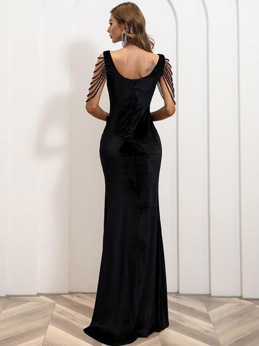 Shouder Chain Split Velvet Prom Dress