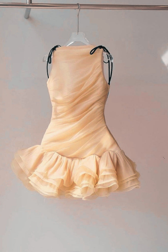 ruched ruffle hem sleeveless mini dress in apricot - Stylish beautiful dress for special occasions | Buy Online