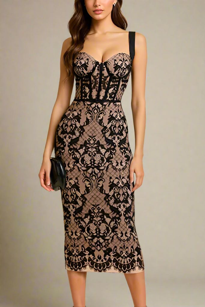 Shop  black dress - Perfect for special occasions | Genevieve Bodycon Lace Midi Dress - Classic Black
