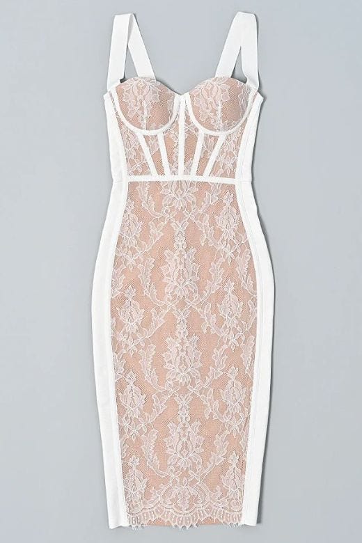 Stylish white dress | Genevieve Bodycon Lace Midi Dress - White Pearl - Ideal for special occasions