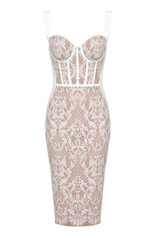 Genevieve Bodycon Lace Midi Dress - White Pearl - Stylish white dress for special occasions | Buy Online