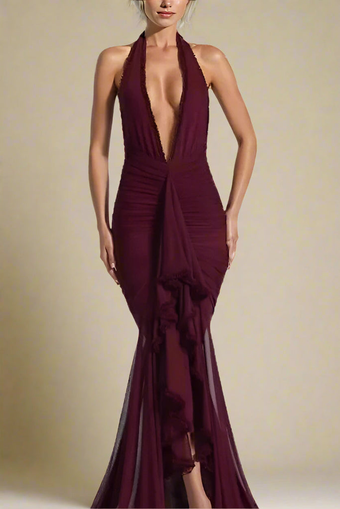 Georgie Bodycon Wrap Maxi Dress - Red Wine - Stylish red dress for special occasions | Buy Online