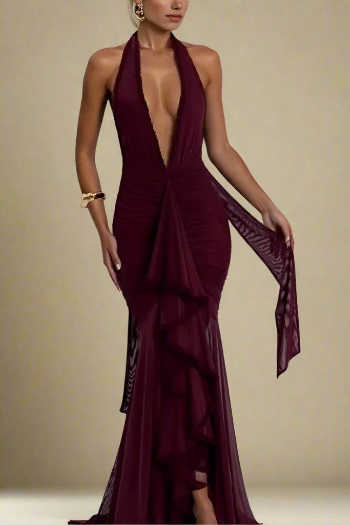 Georgie Bodycon Wrap Maxi Dress - Red Wine - Stylish red dress for special occasions | Buy Online