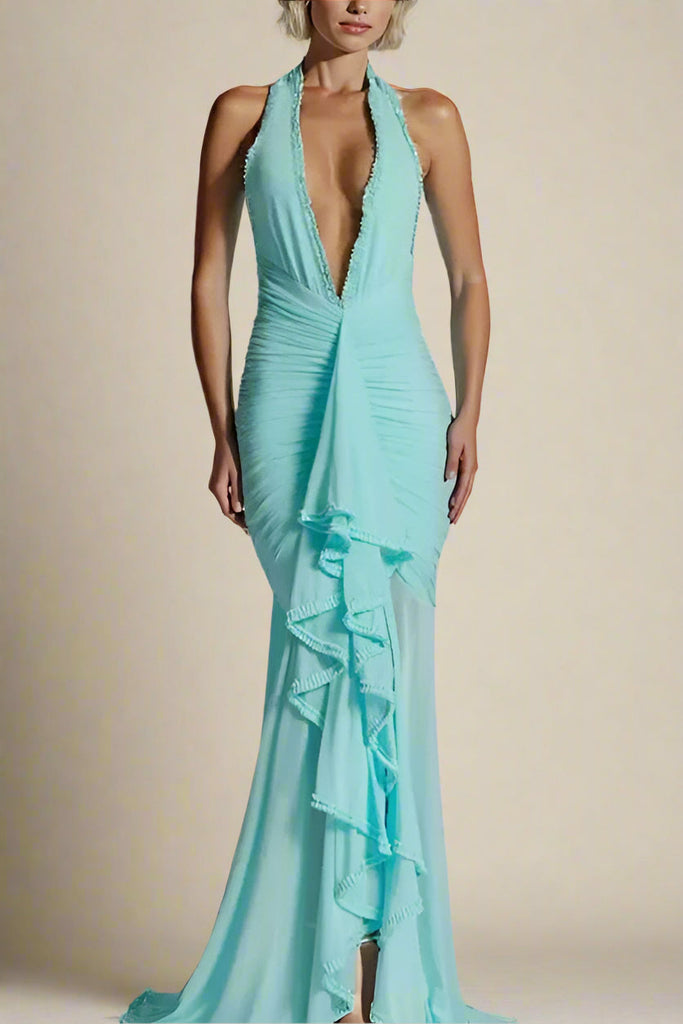 Georgie Bodycon Wrap Maxi Dress - Sky Blue - Stylish blue dress for special occasions | Buy Online