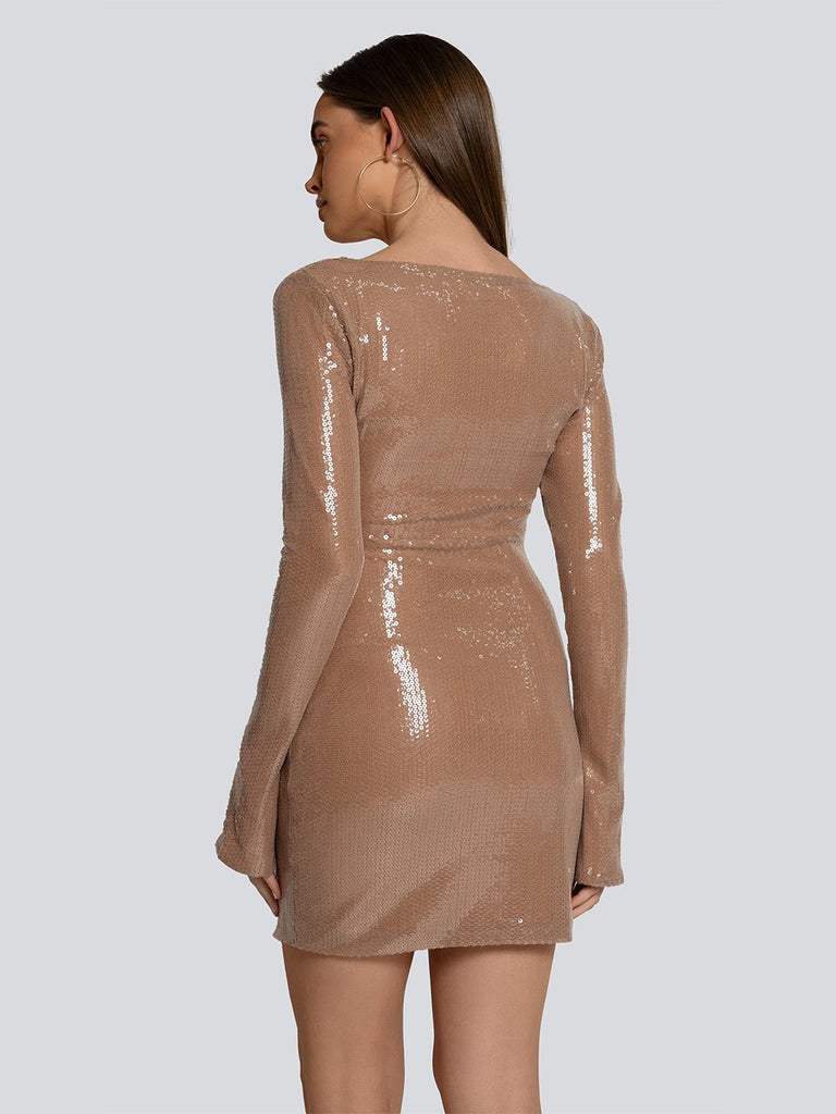 Gloria Shimmer Plunge Sequin Long Sleeve Mini Dress - Stylish beautiful dress for special occasions | Buy Online
