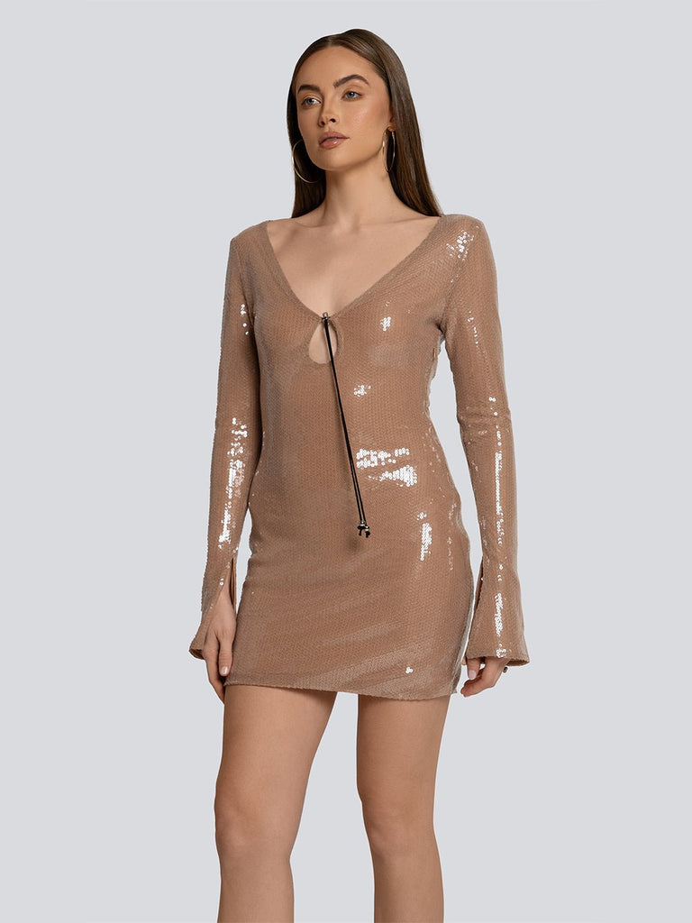 Shop  beautiful dress - Perfect for special occasions | Gloria Shimmer Plunge Sequin Long Sleeve Mini Dress