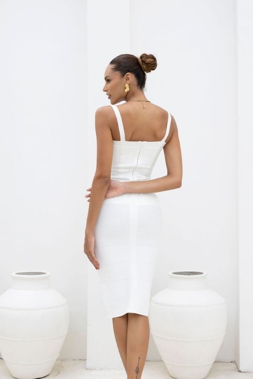 Stylish white dress | Heidi Bandage Midi Dress - White Pearl - Ideal for special occasions