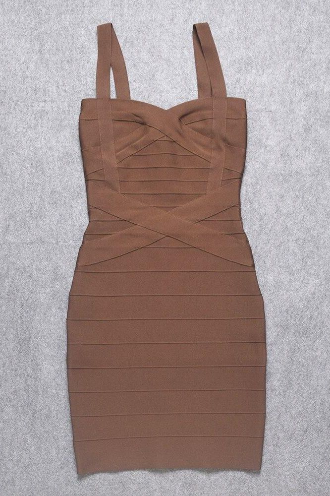 Heidi Bandage Mini Dress - Tan Brown - Stylish brown dress for special occasions | Buy Online