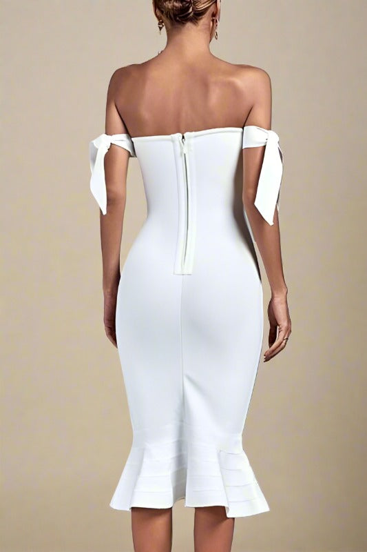 Stylish white dress | Hunter Bandage Midi Dress - White Pearl - Ideal for special occasions