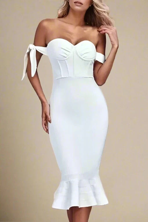 Hunter Bandage Midi Dress - White Pearl - Stylish white dress for special occasions | Buy Online