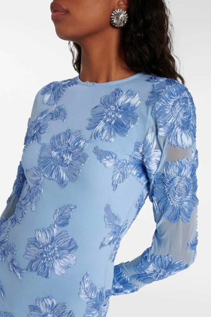 Floral-Embroidered Mesh Mini Dress In Blue - Stylish red dress for special occasions | Buy Online