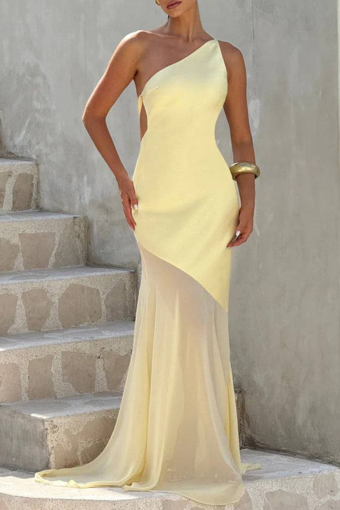 Shop  yellow dress - Perfect for special occasions | Lace-up beveled back satin maxi dress in lemon yellow