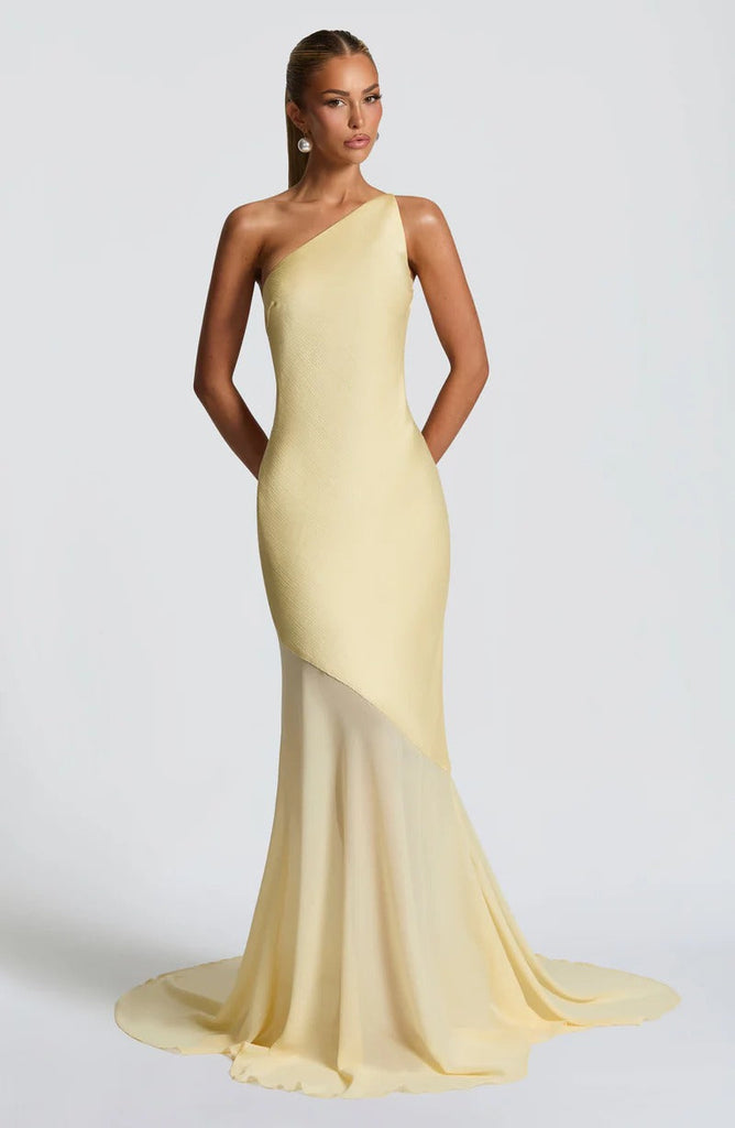 Stylish yellow dress | Lace-up beveled back satin maxi dress in lemon yellow - Ideal for special occasions