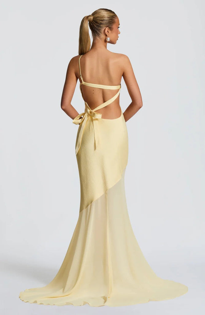 Lace-up beveled back satin maxi dress in lemon yellow - Stylish yellow dress for special occasions | Buy Online