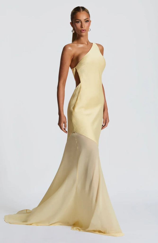 Shop  yellow dress - Perfect for special occasions | Lace-up beveled back satin maxi dress in lemon yellow