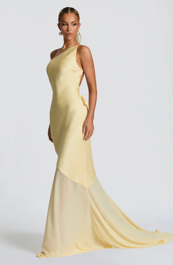 Shop  yellow dress - Perfect for special occasions | Lace-up beveled back satin maxi dress in lemon yellow