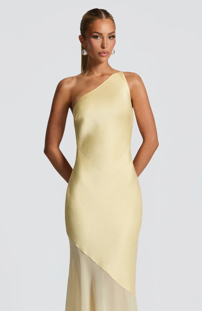 Stylish yellow dress | Lace-up beveled back satin maxi dress in lemon yellow - Ideal for special occasions