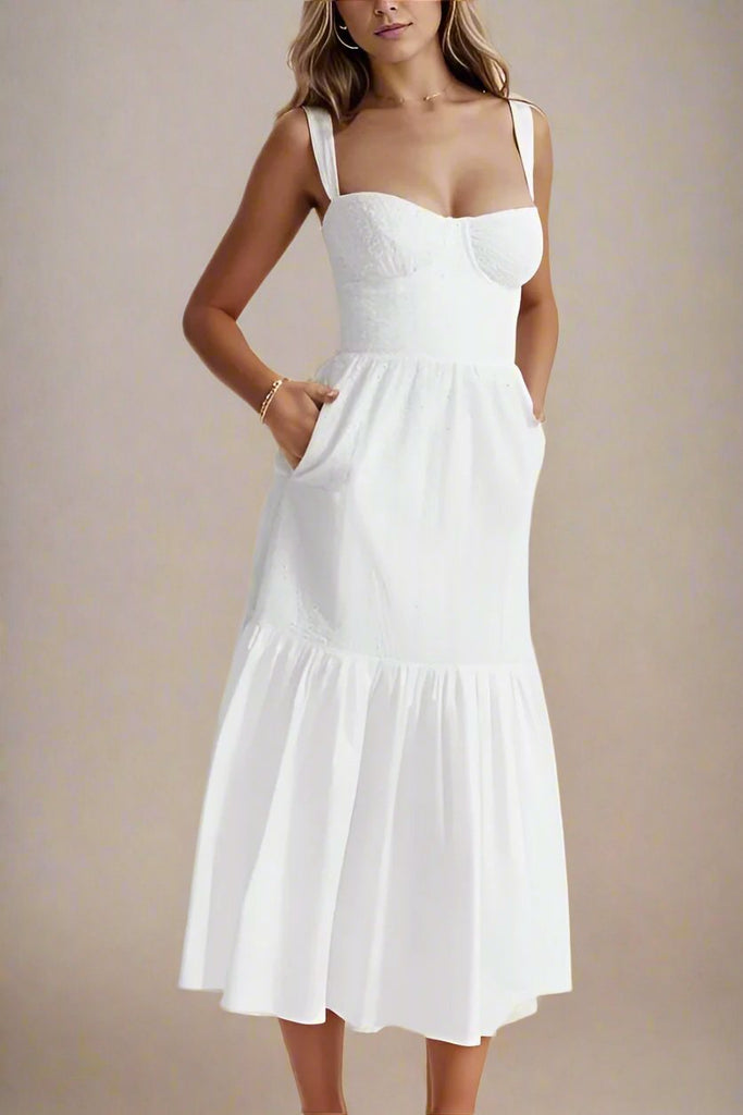 Stylish white dress | Imogen Bodycon Day Midi Dress - White Pearl - Ideal for special occasions