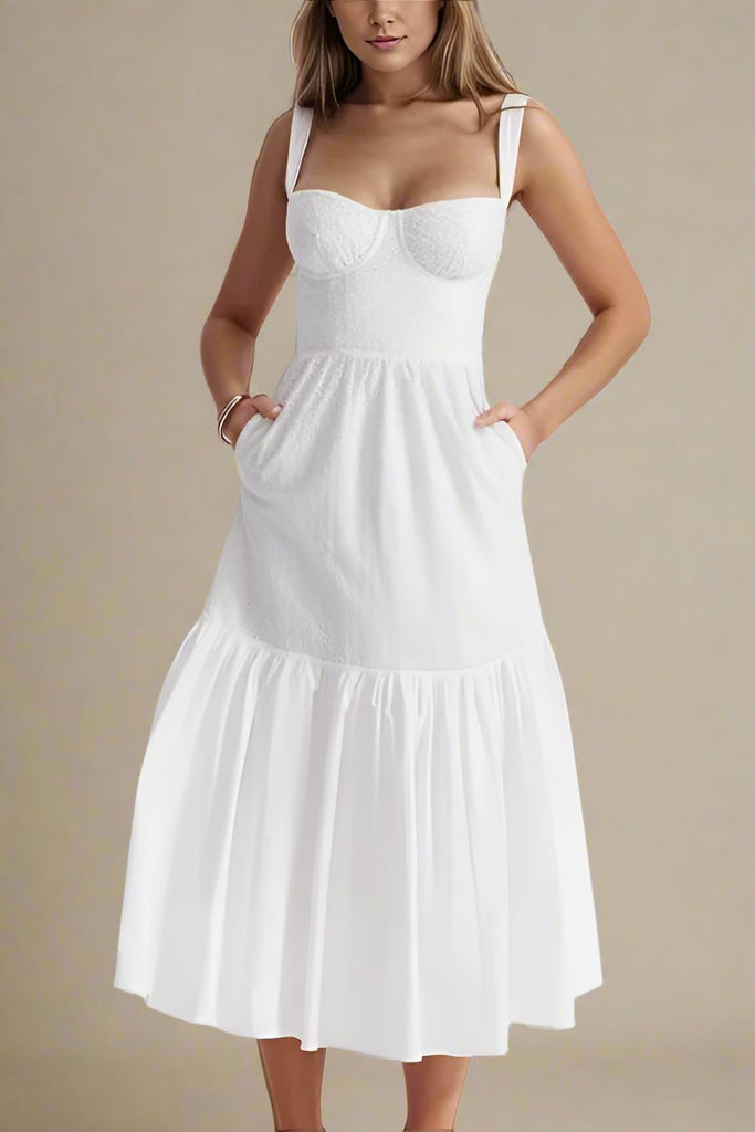 Stylish white dress | Imogen Bodycon Day Midi Dress - White Pearl - Ideal for special occasions
