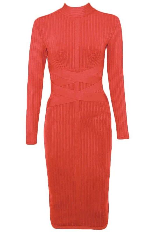 Stylish red dress | Jane Long Sleeve Bodycon Midi Dress - Lipstick Red - Ideal for special occasions