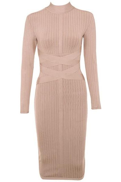 Jane Long Sleeve Bodycon Midi Dress - Nude - Stylish beautiful dress for special occasions | Buy Online