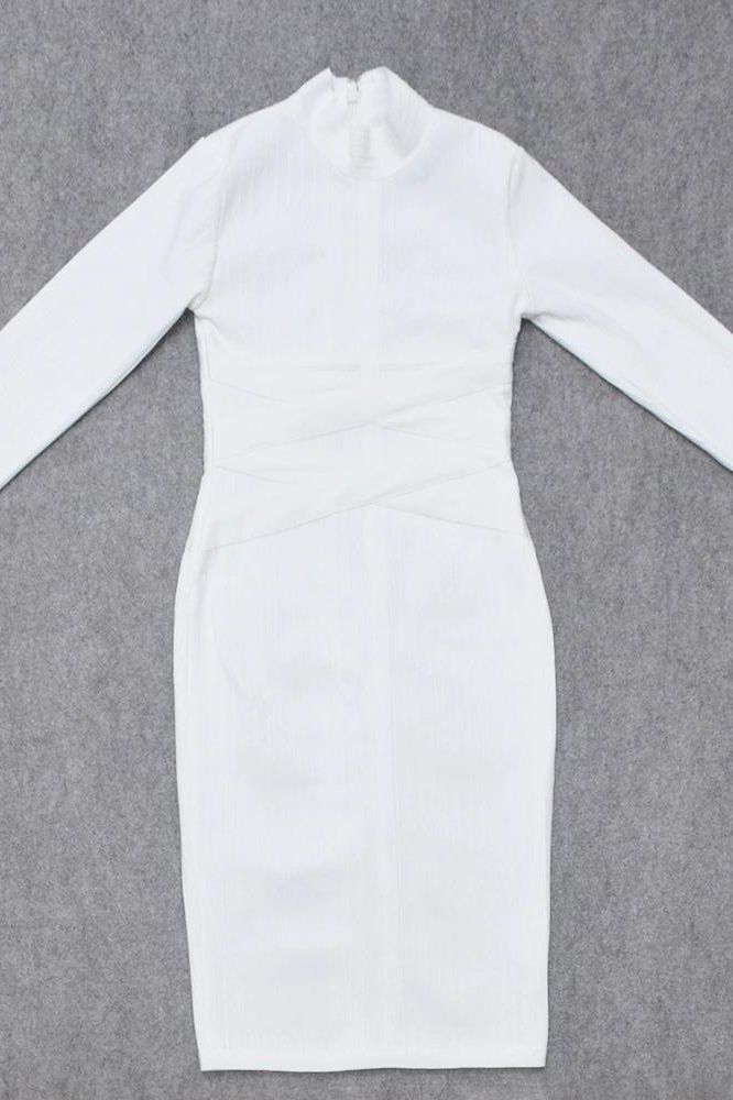 Stylish white dress | Jane Long Sleeve Bodycon Midi Dress - White Pearl - Ideal for special occasions