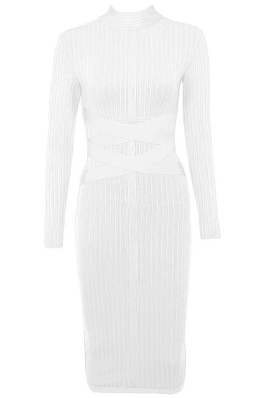 Stylish white dress | Jane Long Sleeve Bodycon Midi Dress - White Pearl - Ideal for special occasions
