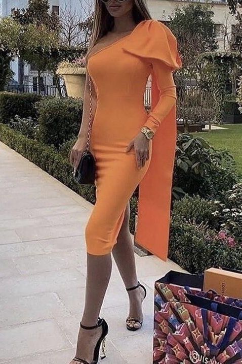 Lela Long Sleeve Bandage Midi Dress - Apricot Orange - Stylish orange dress for special occasions | Buy Online