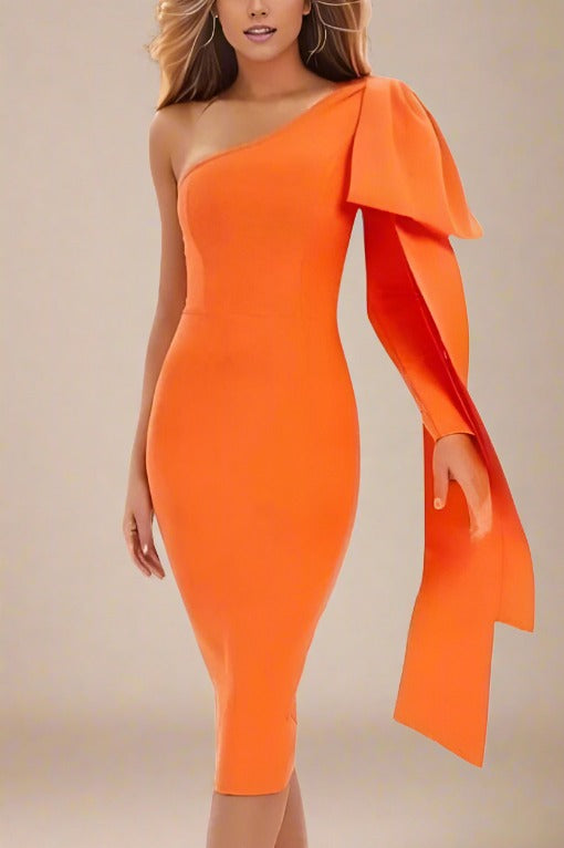 Stylish orange dress | Lela Long Sleeve Bandage Midi Dress - Apricot Orange - Ideal for special occasions