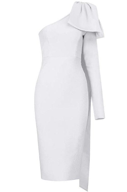 Stylish white dress | Lela Long Sleeve Bandage Midi Dress - White Pearl - Ideal for special occasions