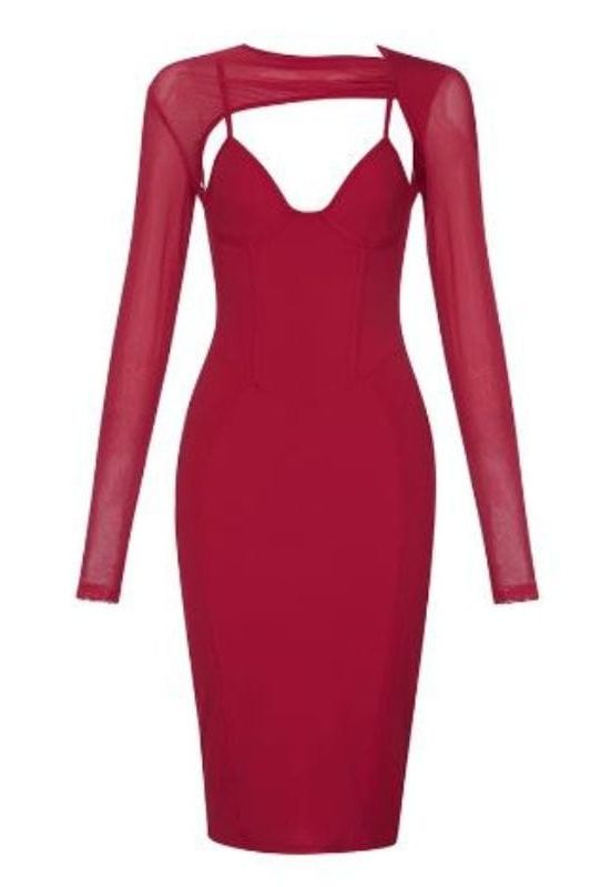 Lexi Long Sleeve Bodycon Midi Dress - Red Wine - Stylish red dress for special occasions | Buy Online