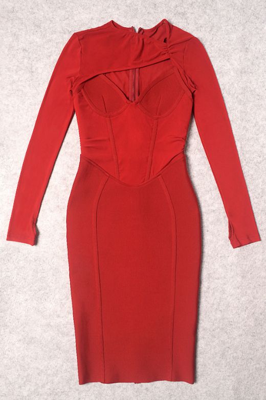 Lexi Long Sleeve Bodycon Midi Dress - Red Wine - Stylish red dress for special occasions | Buy Online