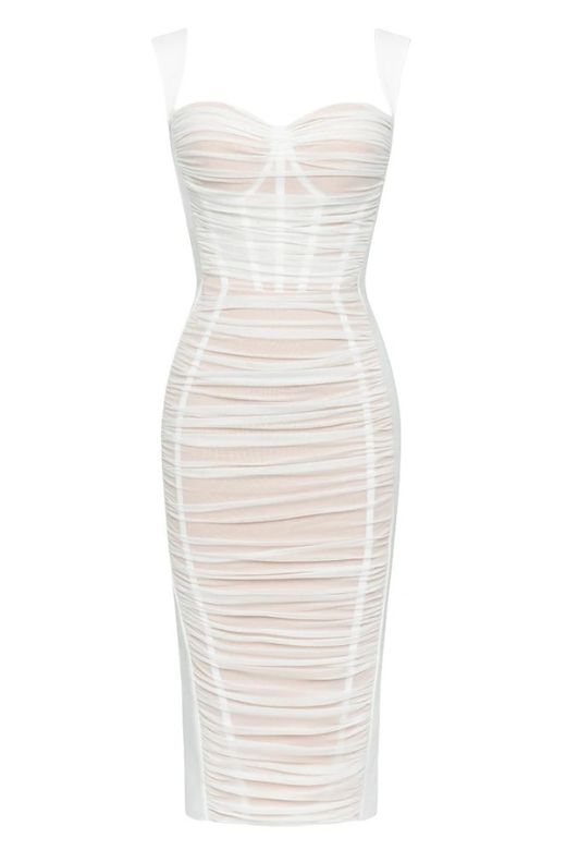 Stylish white dress | Marilyn Bodycon Wrap Midi Dress - White Pearl - Ideal for special occasions