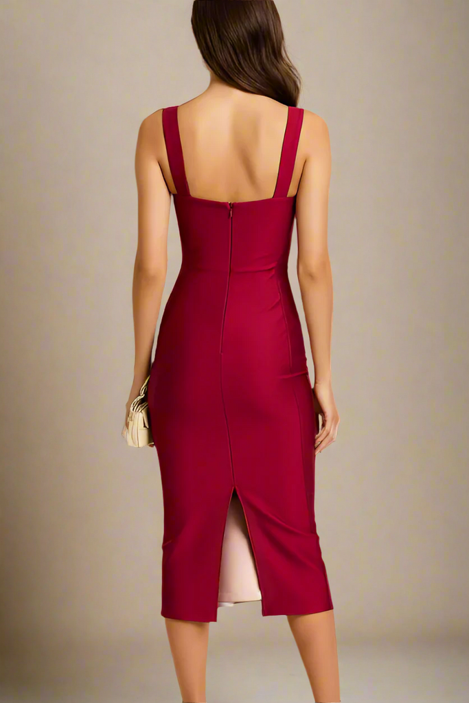 Marilyn Bodycon Wrap Midi Dress - Red Wine - Stylish red dress for special occasions | Buy Online