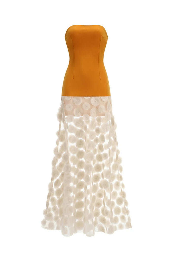 Nodin Strapless Dot Mesh Maxi Dress in orange - Stylish orange dress for special occasions | Buy Online