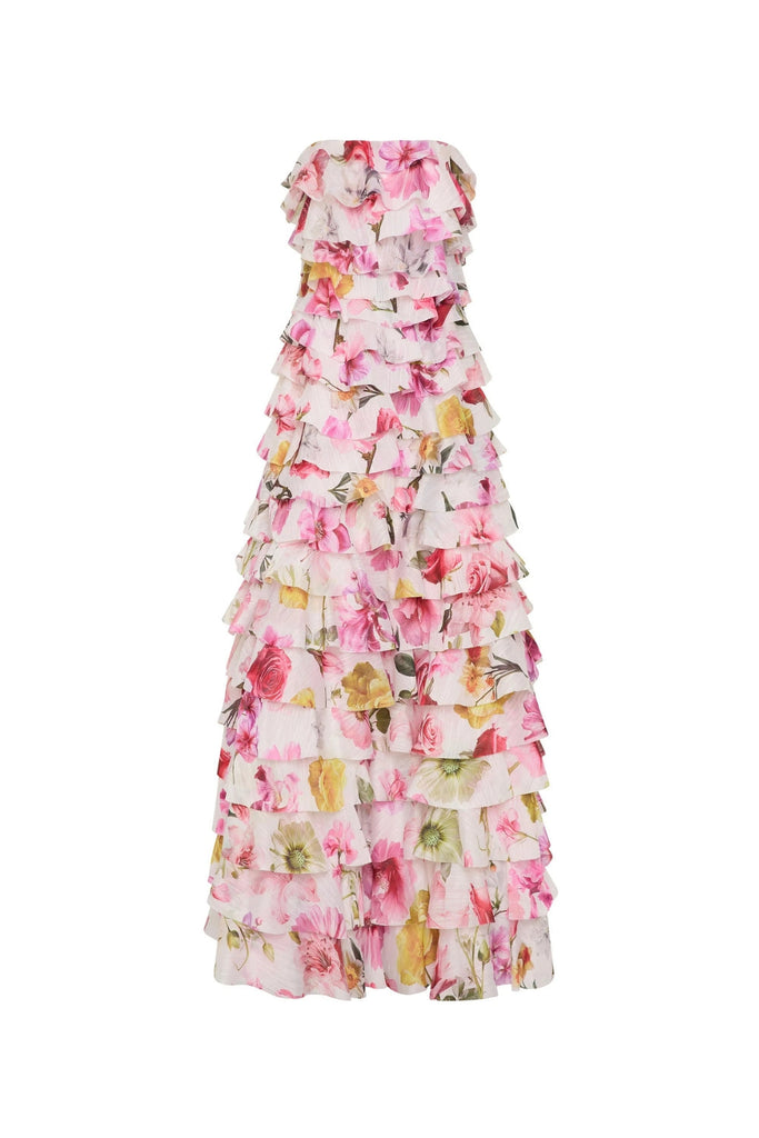 Stylish pink dress | cathy floral print Pleated layer strapless maxi dress in pink - Ideal for special occasions