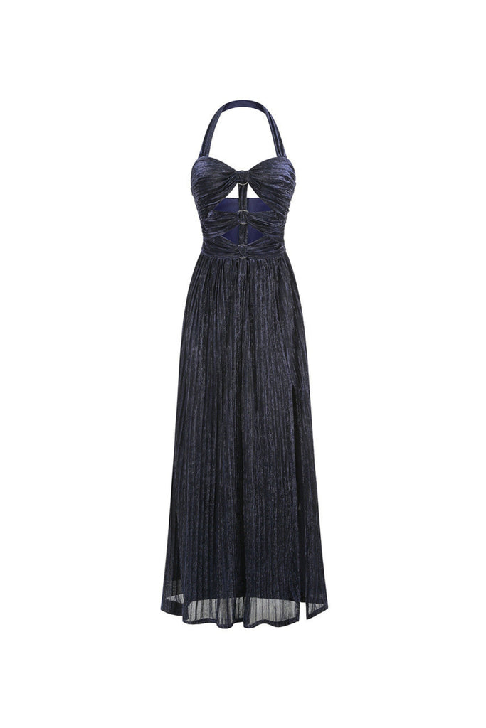Stylish blue dress | evangeline halter pleated cutout maxi dress in navy blue - Ideal for special occasions