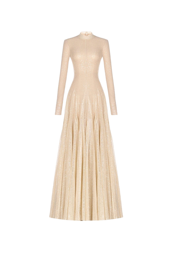 Shop  beige dress - Perfect for special occasions | sabrina Beige mesh long sleeve slim maxi dress