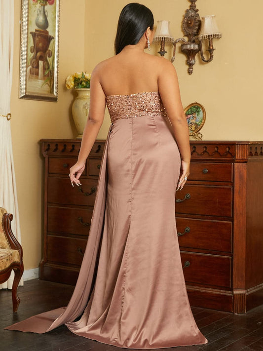Plus Size Strapless Satin Split Brown Prom Dress