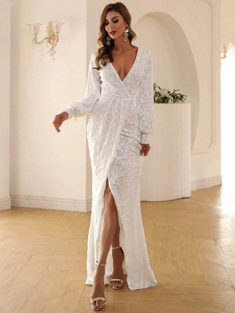 Shop  beautiful dress - Perfect for wedding | V-neck Split Sequin Wedding Guest Dress
