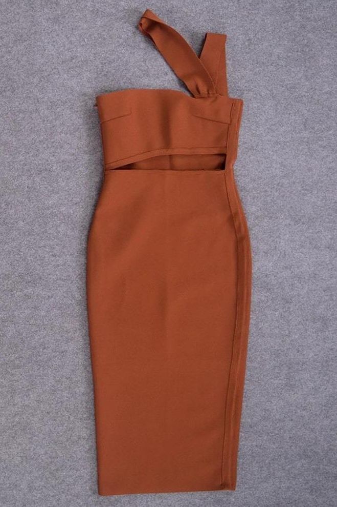 Molly Bandage Midi Dress - Tan Brown - Stylish brown dress for special occasions | Buy Online