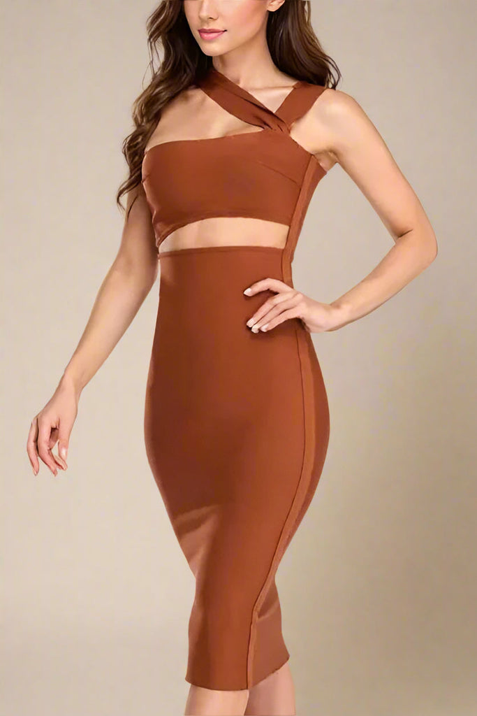 Molly Bandage Midi Dress - Tan Brown - Stylish brown dress for special occasions | Buy Online