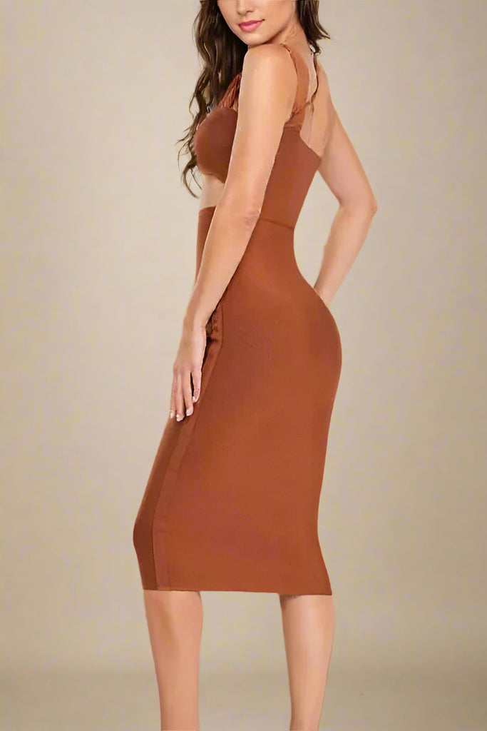 Molly Bandage Midi Dress - Tan Brown - Stylish brown dress for special occasions | Buy Online