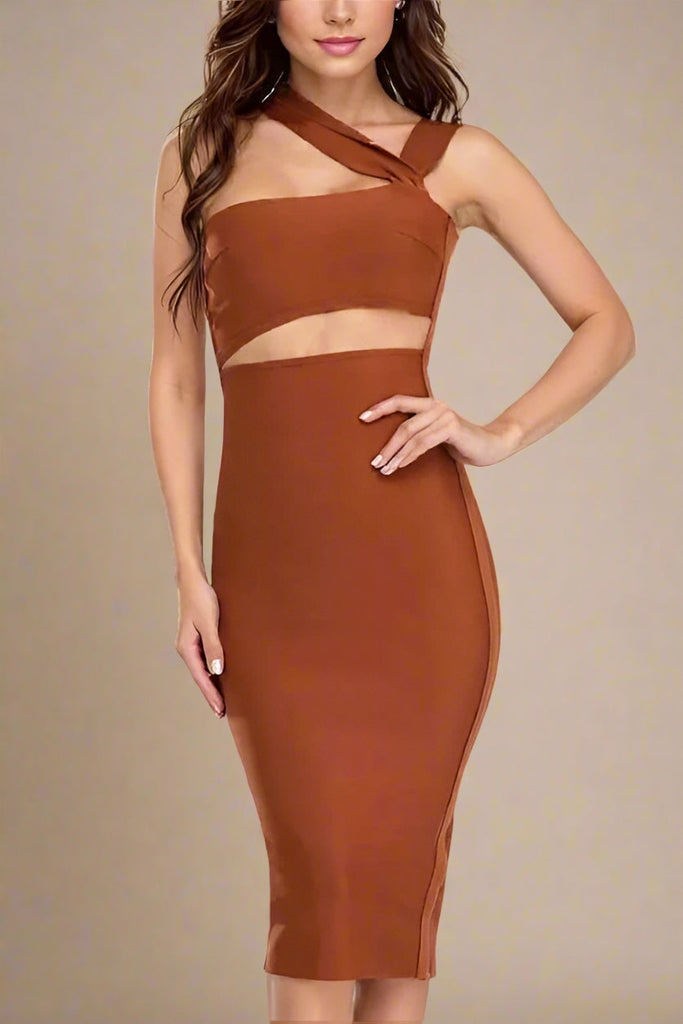 Molly Bandage Midi Dress - Tan Brown - Stylish brown dress for special occasions | Buy Online