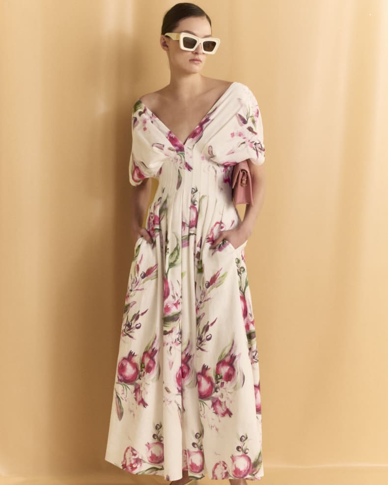 Stylish white dress | Sonya Pleated Floral Print Maxi Dress in white - Ideal for special occasions